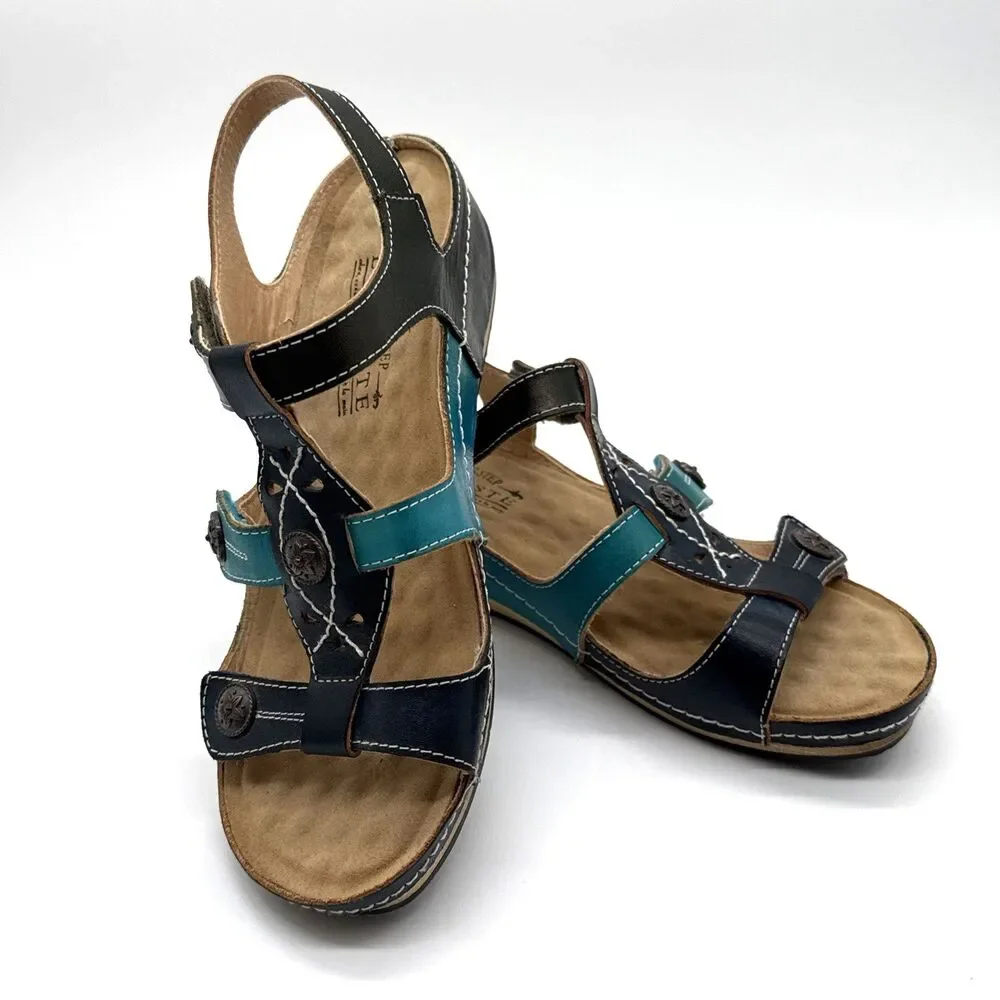 L'Artiste by Spring Step MELISSA Navy/Teal Leather Wedge Sandal Wm US 7.5 & EU38